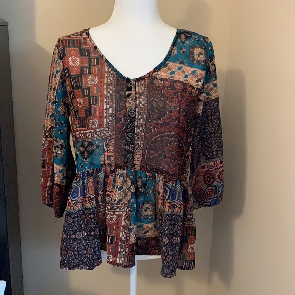 Umgee Brown Sheer Mid- Sleeve Top (size M)